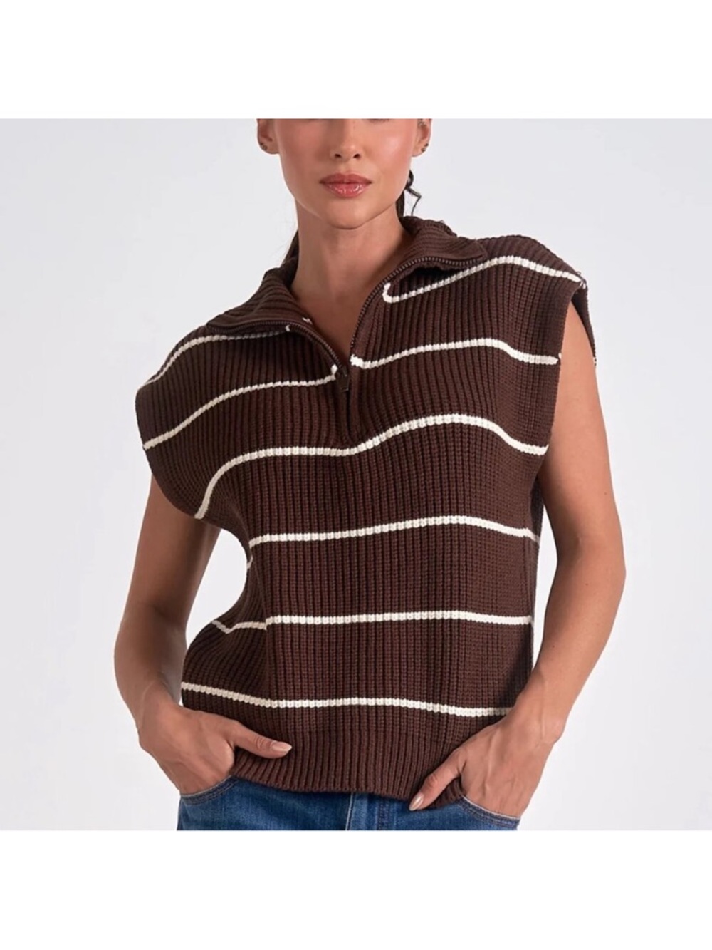 Elan Brown & White Striped Sleeveless Zip Polo Sweater
